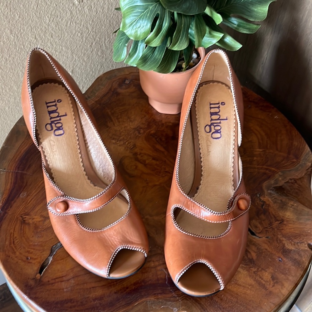 Indigo by Clark Shoe Heels Pump Mary Jane Open Toe Leather Brown 8